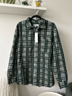 FA Dark Green and White Plaid Casual Button-Down Shirt